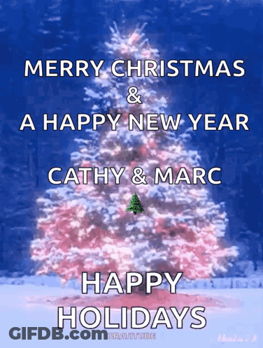 A Pink Christmas Tree With The Words Merry Christmas And A Happy New Year Cathy & Marc Happy Holidays GIF