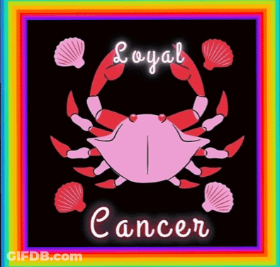 A Pink Crab With Shells Around It And The Words `` Loyal Cancer '' GIF