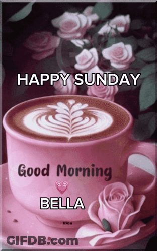 A Pink Cup Of Coffee With The Words Happy Sunday Good Morning Bella On It GIF