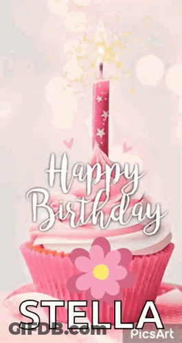 A Pink Cupcake With A Lit Candle And The Name Stella On It GIF