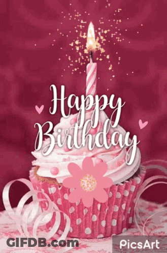 A Pink Cupcake With A Lit Candle And The Words Happy Birthday GIF