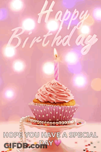 A Pink Cupcake With A Pink Frosting And A Pink Candle GIF
