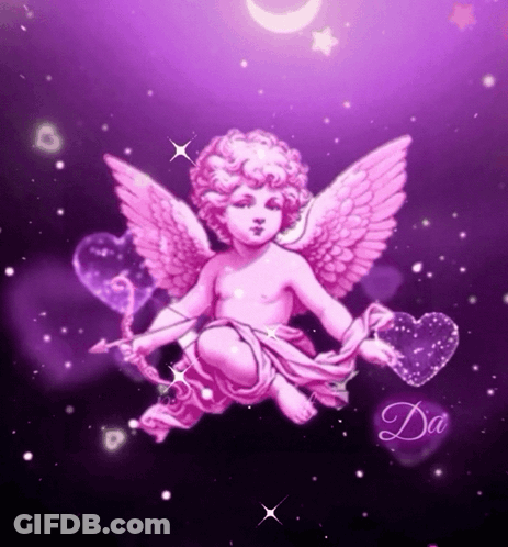 A Pink Cupid Is Holding A Bow And Arrow With Hearts In His Hands GIF