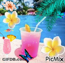 A Pink Drink With A Straw In It Is Surrounded By Flowers And Butterflies By A Pool GIF