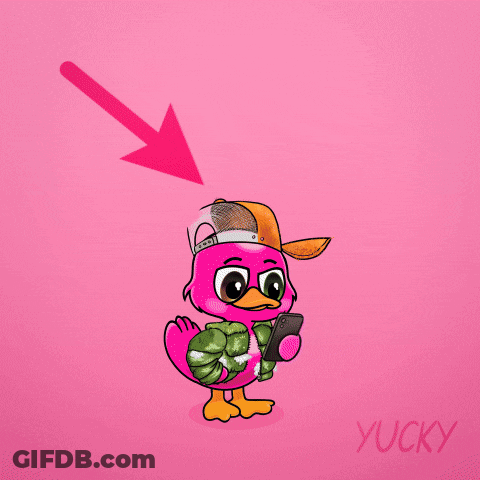 A Pink Duck Holding A Cell Phone With The Words I 'M Cooke Written Above It GIF