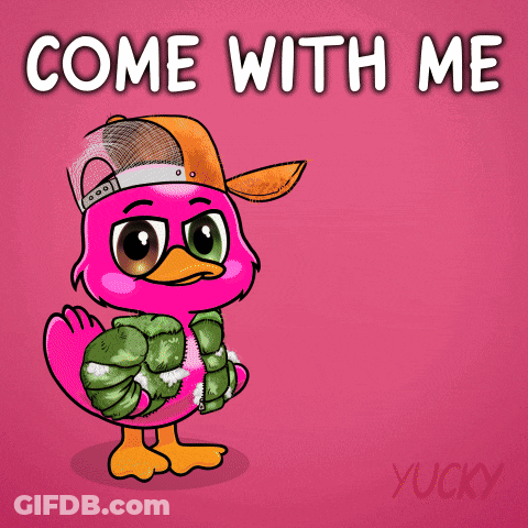A Pink Duck Holding A Green Object With The Words Come With Me Behind It GIF