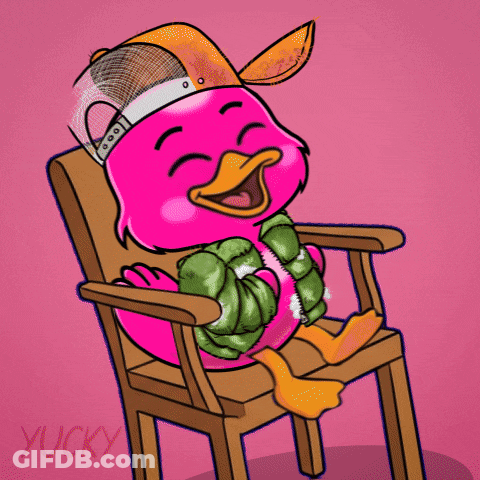 A Pink Duck Is Sitting In A Chair With The Word Lmao Written Above It GIF