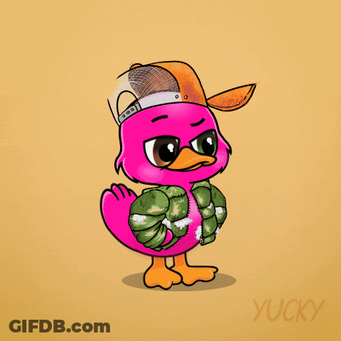 A Pink Duck Is Standing Next To A Grave With The Words " I Quit " Written Above It GIF