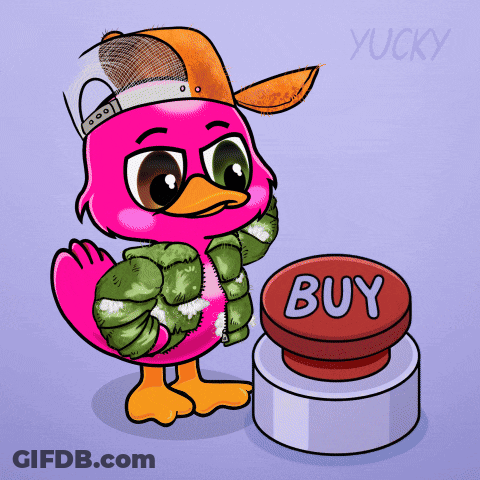 A Pink Duck Is Standing Next To A Red Button That Says Buy GIF