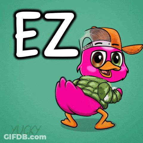 A Pink Duck Wearing A Green Jacket And An Orange Hat With The Letter Ez Written Above It GIF