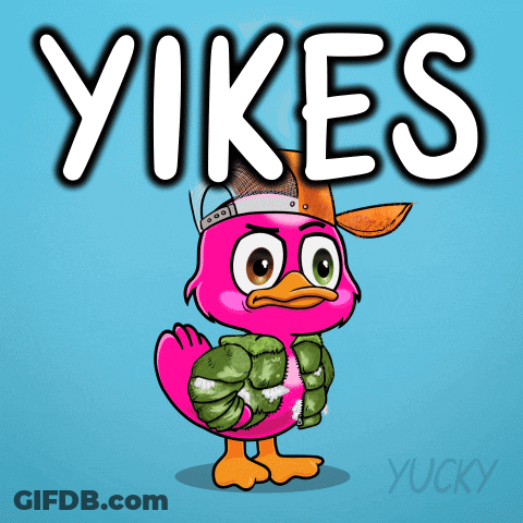 A Pink Duck Wearing A Hat And A Jacket With The Word Yikes Written Above It GIF