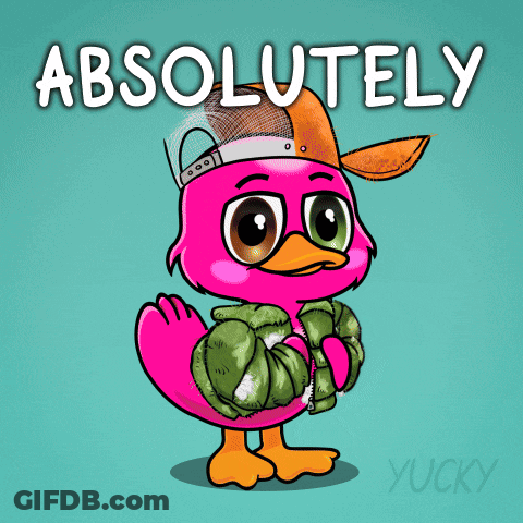 A Pink Duck Wearing A Hat And A Jacket With The Words Absolutely Written Above It GIF