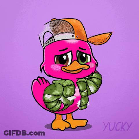 A Pink Duck Wearing A Hat And A Jacket With The Words Aw Sh Written Above It GIF