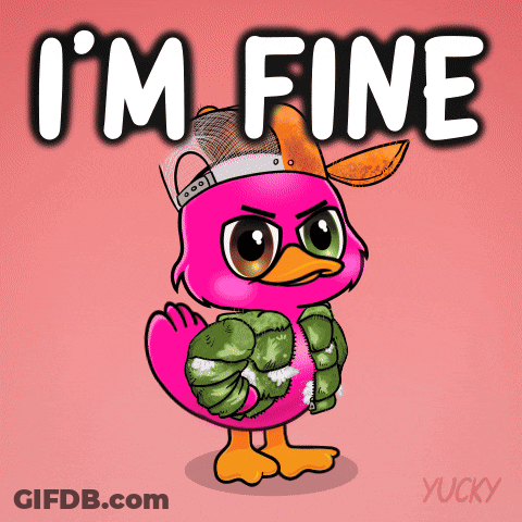A Pink Duck Wearing A Hat And A Jacket With The Words I 'M Fine Above It GIF