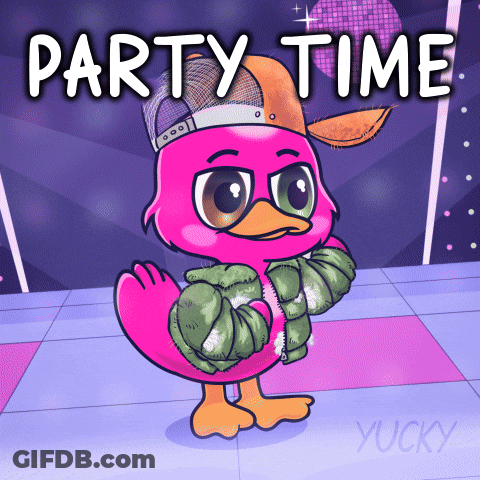 A Pink Duck Wearing A Hat And A Jacket With The Words Party Time Below It GIF
