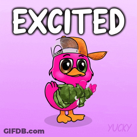 A Pink Duck Wearing A Hat And Holding A Jacket With The Word Excited Above It GIF