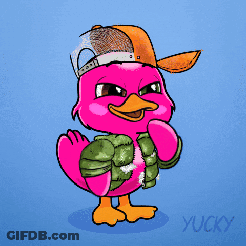A Pink Duck Wearing A Hat Says Bru GIF