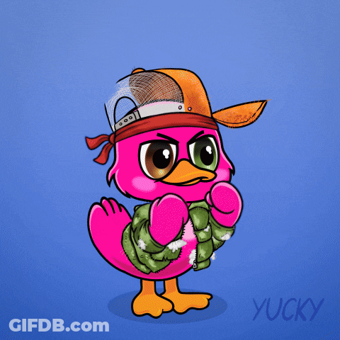 A Pink Duck Wearing An Orange Hat And A Green Jacket Says Catch These GIF