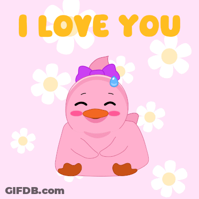 A Pink Duck With A Purple Bow And The Words I Love You GIF