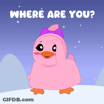 A Pink Duck With A Purple Bow On Its Head Is Standing In The Snow And Asking Where Are You GIF