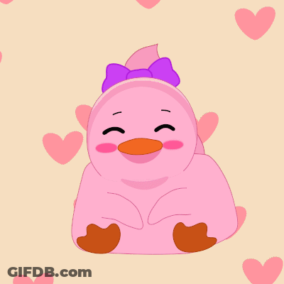 A Pink Duck With A Purple Bow Surrounded By Pink Hearts GIF