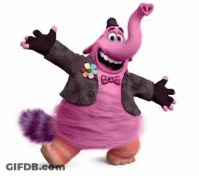 A Pink Elephant From Inside Out Is Dancing With His Arms Outstretched And Wearing A Suit And Bow Tie . GIF