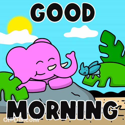 A Pink Elephant Is Laying On A Rock With The Words " Good Morning " Below It GIF