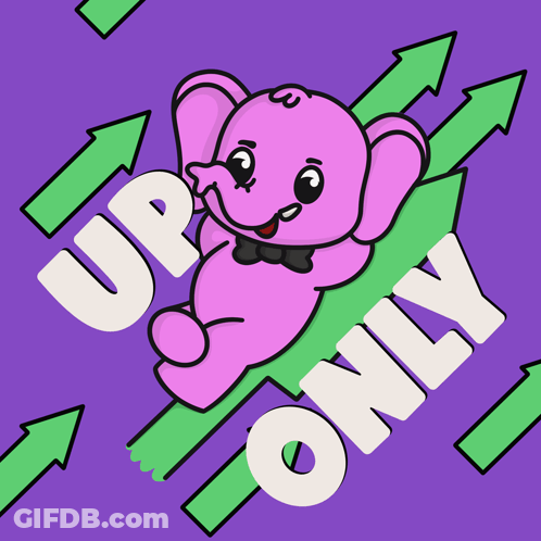 A Pink Elephant Is Surrounded By Green Arrows And The Words Up And Only GIF