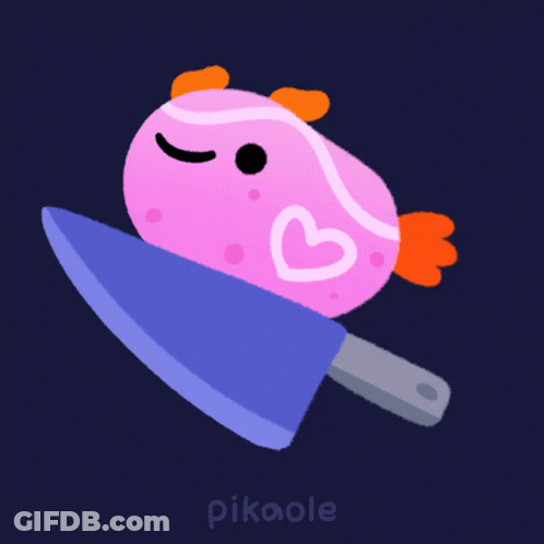 A Pink Fish With A Heart On It Is Holding A Knife In Its Mouth GIF