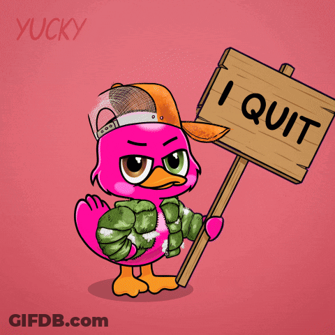 A Pink Flamingo Is Holding A Sign That Says I Quit GIF