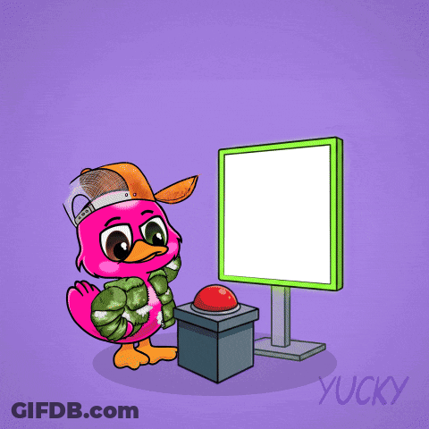 A Pink Flamingo Is Pressing A Button In Front Of A Screen With The Word Bullish On It GIF