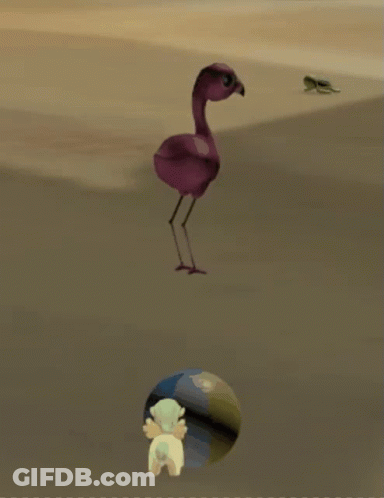 A Pink Flamingo Is Standing Next To A Smaller Flamingo GIF