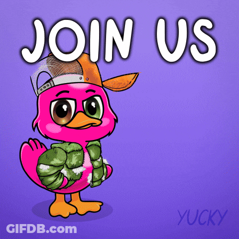 A Pink Flamingo Wearing A Green Jacket And A Hat Says Join Us GIF