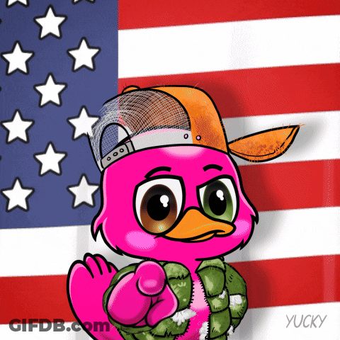 A Pink Flamingo Wearing A Hat And A Jacket Is Standing In Front Of An American Flag With Stars GIF
