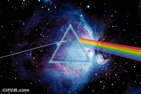 A Pink Floyd Poster With A Rainbow Coming Out Of A Triangle With Drjoy Written On It GIF