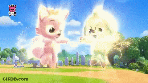 A Pink Fox And A Yellow Dog Are Dancing Together In A Field . GIF