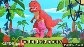 A Pink Fox Is Riding On The Back Of A Red Dinosaur With The Words I 'M The Best Hunter On The Bottom GIF