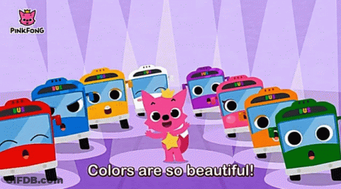 A Pink Fox Is Standing In Front Of A Bunch Of Buses With The Words Colors Are So Beautiful On The Bottom GIF