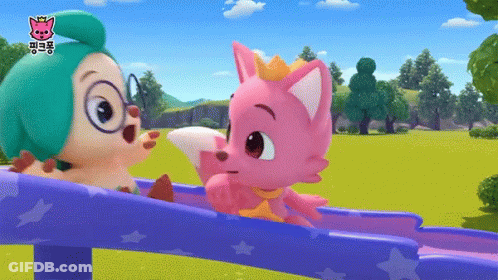 A Pink Fox With A Crown On Her Head Is Standing Next To A Green Penguin GIF