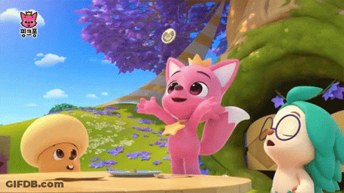 A Pink Fox With A Crown On Its Head Is Standing Next To A Mushroom GIF