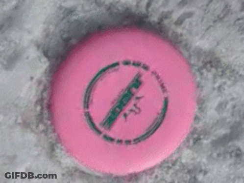 A Pink Frisbee With A Green Circle Around It Is Laying In The Snow GIF