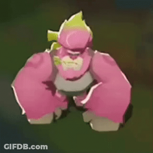 A Pink Gorilla With A Yellow Hat Is Standing On A Green Surface . GIF