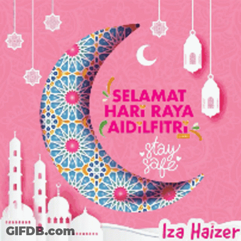 A Pink Greeting Card With A Crescent Moon And Mosques Says " Selamat Hari Raya Aidilfitri " GIF