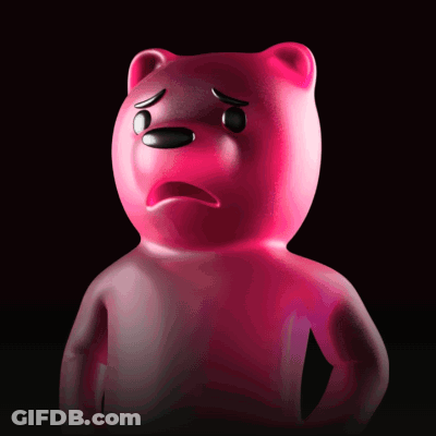 A Pink Gummy Bear With A Sad Face And The Word Ummm On It GIF