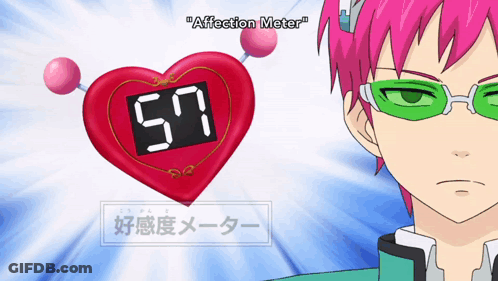 A Pink Haired Anime Character Wearing Green Glasses And A Heart With The Number 57 On It GIF