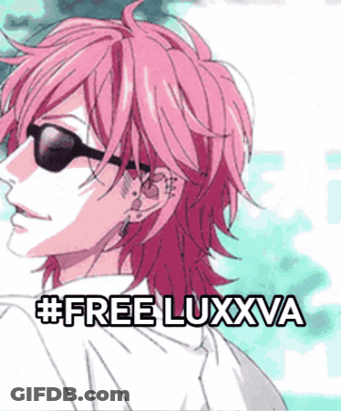 A Pink Haired Anime Character With Sunglasses And The Words #Free Luxxva Below Him GIF