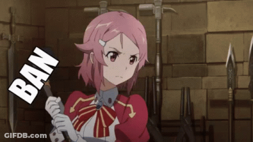 A Pink Haired Anime Girl Is Holding A Stick With The Word Ban Written On It GIF
