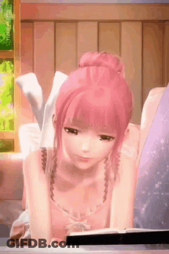 A Pink Haired Anime Girl Is Laying On A Couch Reading A Book . GIF