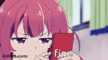 A Pink Haired Anime Girl Is Looking At Her Phone And The Word Fine Is On The Screen GIF