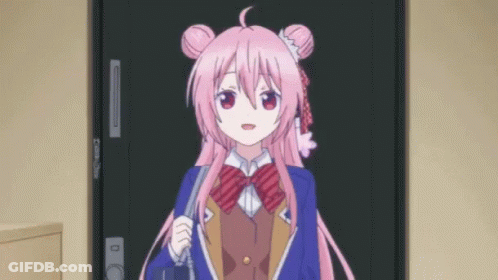 A Pink Haired Anime Girl Is Standing In Front Of A Door GIF